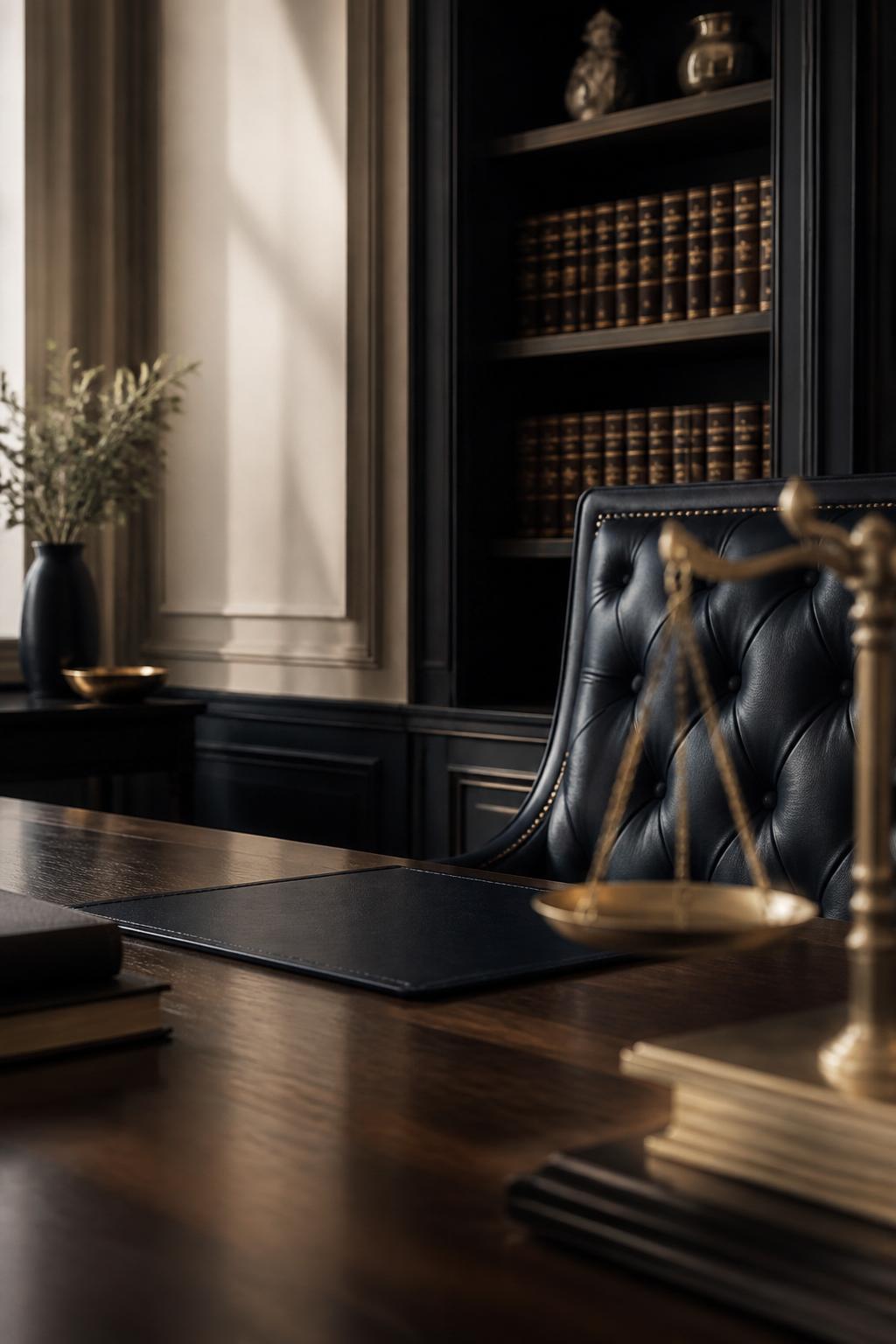 Escritório de advocacia elegante com livros de direito e balança da justiça